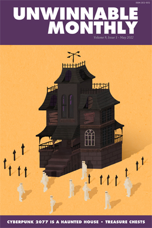 The cover of Unwinnable Monthly #151, which features a decrepit house surrounded by tombstones and ghostly figures.