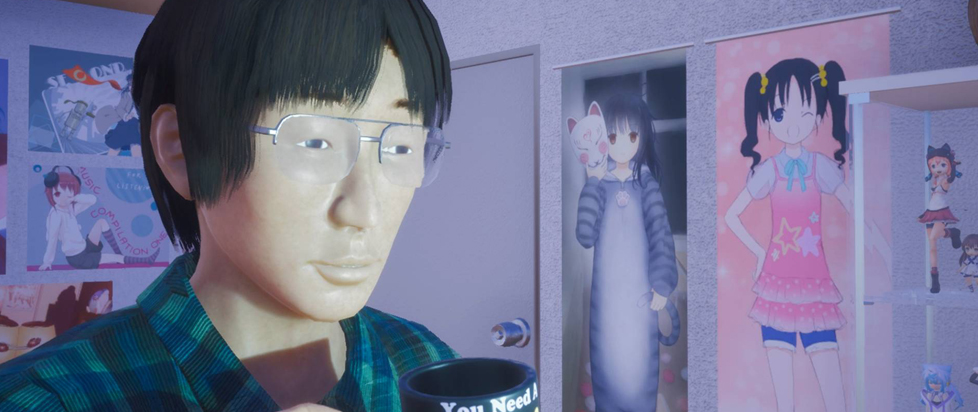 In a screenshot from the videogame Pull Stay, a man in glasses and a plaid shirt holds a mug of coffee. His face seems to be illuminated by computer glow.