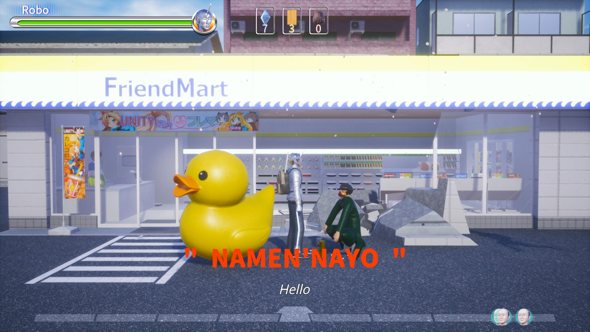 In a screenshot from Pull Stay, the robot protagonist stands in front of a convenience store between a gigantic rubber ducky and short, round security guard.