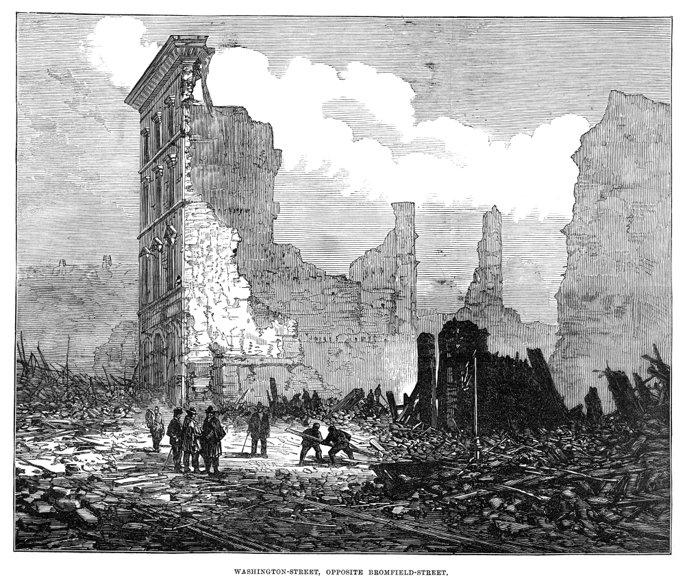 BOSTON: FIRE, 1872. Ruins of buildings on Washington Street, opposite Bromfield Street, in Boston, Massachusetts, after the Great Fire of 9-11 November 1872. Contemporary English engraving.
