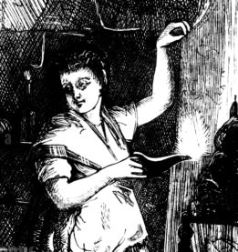 An engraving depicting a woman holding a primitive oil lamp illustrated by Francis Arthur Fraser, a Scottish painter, dated 19th century.