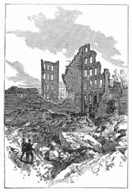 An etching of a Boston building ruined by the Great Boston Fire of 1872.