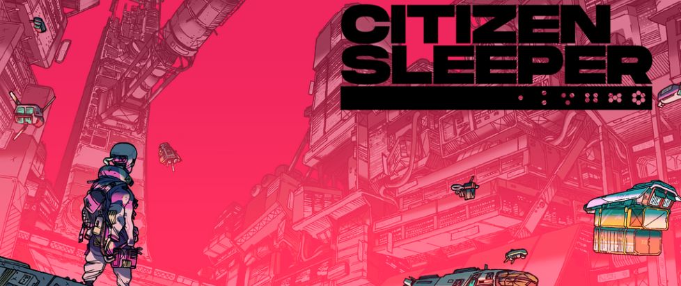 The cover for Citizen Sleeper, featuring the robot Sleeper looking over a space station washed in starlight and some vehicles flying around