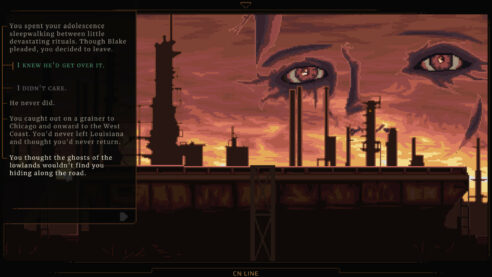 A screenshot of NORCO, with sad eyes superimposed over an industrial sunset and dialogue between Catherine and Blake