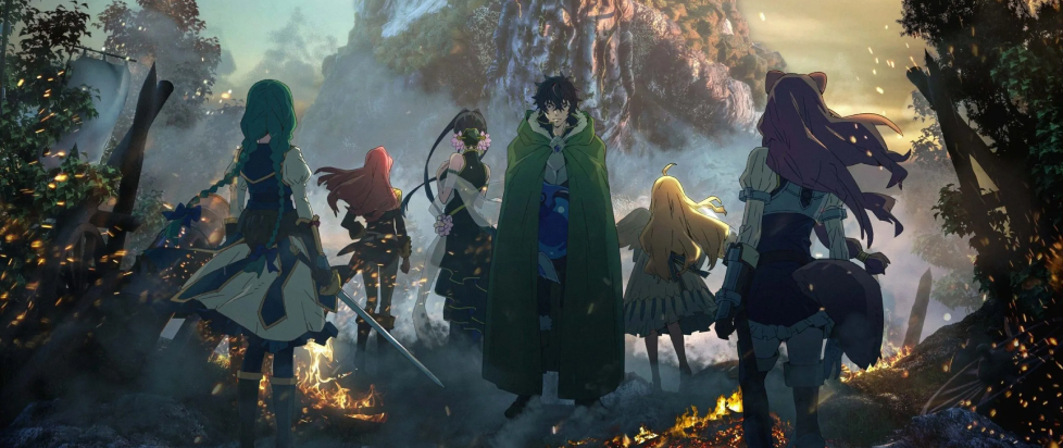 The shield hero faces the camera while his anime catboy slaves face away