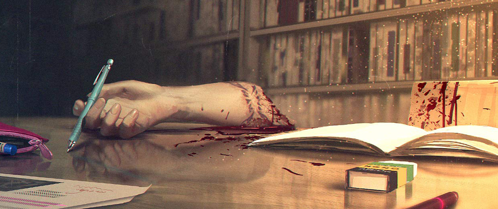 In a dimly lit library, next to an open book and a blood-splattered chair, a severed arm holds a pen