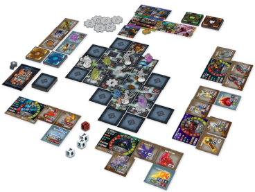An example of the board for Tiny Epic Dungeons, including hero cards, dungeon tiles, and the various minis and meeples