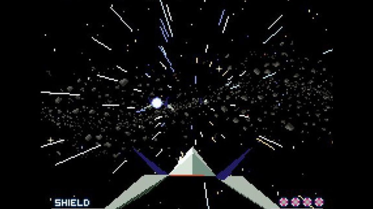 A 16-bit fighter ship is in pursuit of another, the stars are white streaks against the deep black of space.