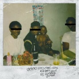 Cover art for Kendrick Lamar's good kid, m.A.A.d. city, which is a Polaroid photo of three men and small toddler sitting around a table. The adult's eyes are all blanked out with censorship bars.