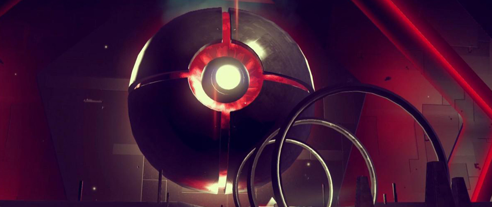 In key art from No Man's Sky, a giant metal orb surrounds a ball of glowing red energy. A smaller orb placed in an opening in its center brings to mind a giant eye.