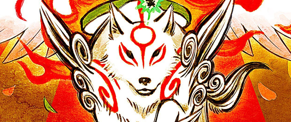 In key art from the videogame Okami, a white fox rendered in stylized ink leaps toward the viewer.