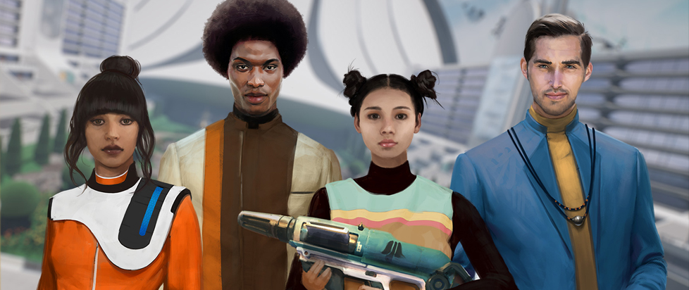 Four player-characters from the videogame The Anacrusis lined up shoulder to shoulder in what looks like a large bright space station.