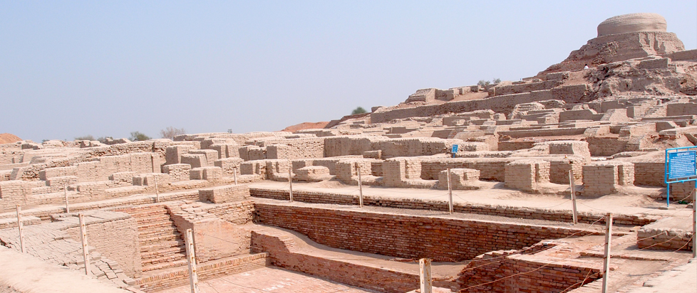 The ruins of Harappa in the Indus Valley Civilization on a clear, sunny day.