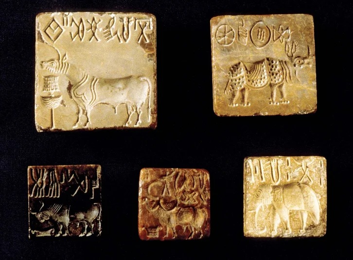 Several examples of stamp seals from the Indus Valley Civilization. Many show animals such as oxen or elephants and contain writing.