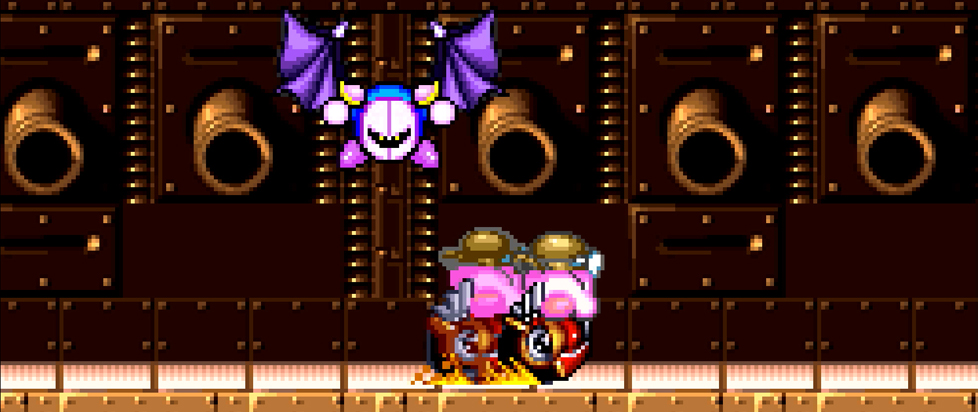In a screenshot from a Kirby videogame, a pink marshmallow-like fellow wears steampunk gear while taking on a large bat wearing what looks like a hockey mask.