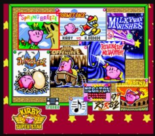 The selection screen from Kirby Super Star shows the variety of Kirby games a player can choose from.