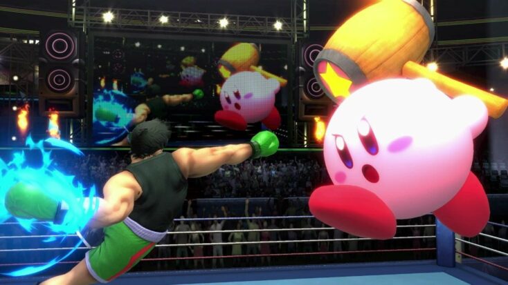 Kirby, wielding a giant mallet, takes on Little Mac in Super Smash Bros.