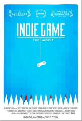The poster for Indie Game: The Movie, where over a field of sky blue a single Super Nintendo controller dangles from the title text over a pit of sharp white spikes, some tipped in red.