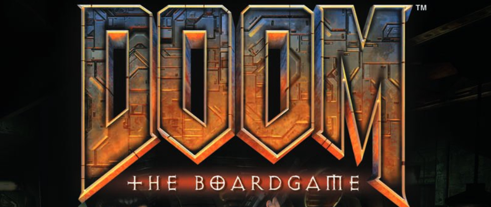 The tite from the Doom board game (2004) cover of the rules with the mid-era cyber Doom font and the spooky Diablo font