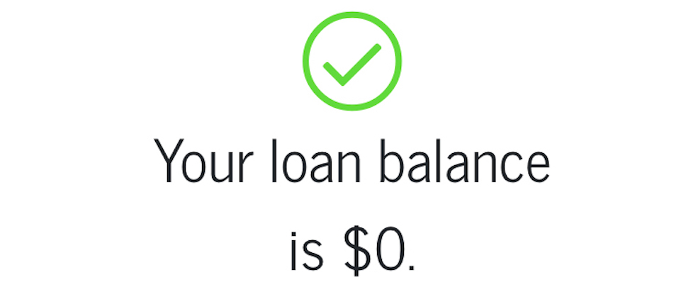 A screenshot of a message received from a student loan portal reading "your loan balance is $0."