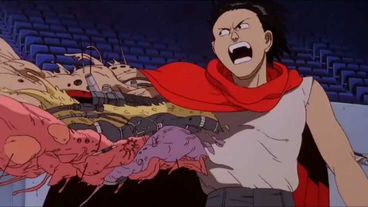 An image of the character Tetsuo from Akira, whose right arm is in the midst of transforming to a monstrous size, a fleshy jumble of muscle, skin and circuitry. 