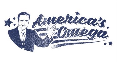 Mitt Romney stands in front of a banner reading "America's Omega" in a graphic reminiscent one seen on t-shirts and posters.