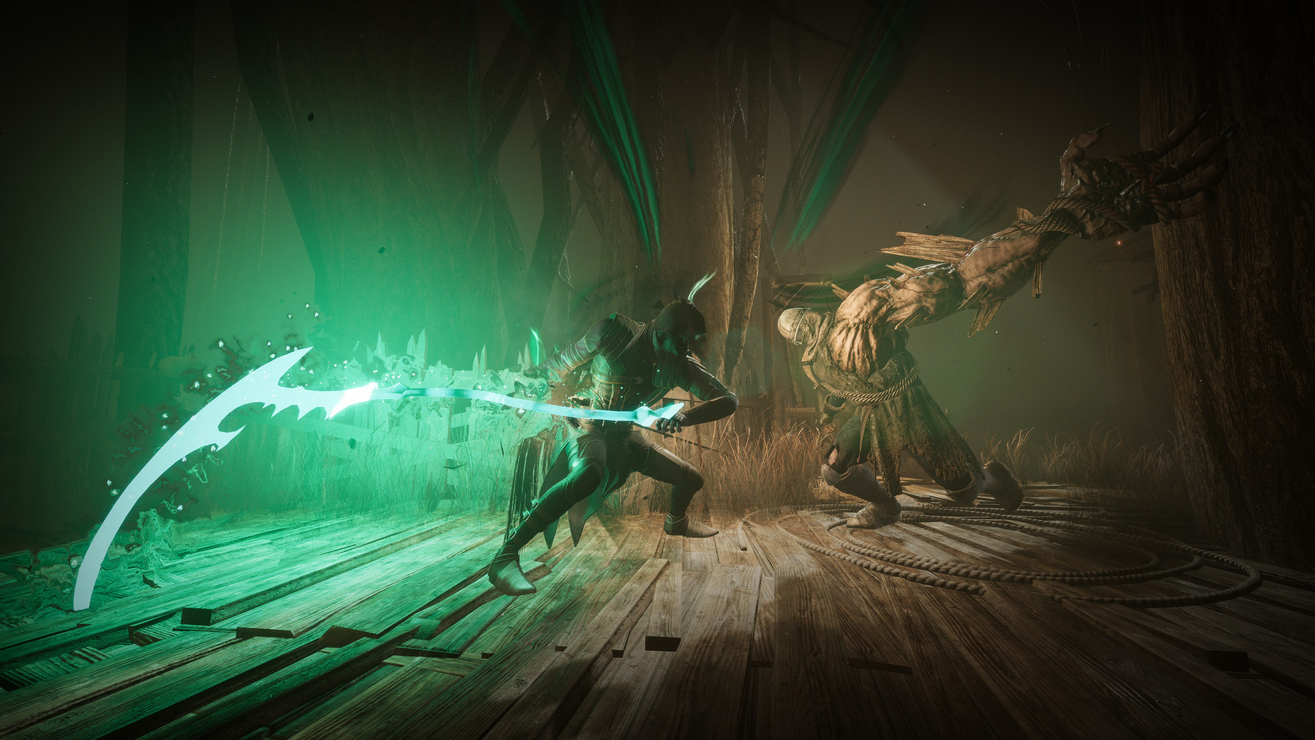 A hooded figure wearing a plague doctor mask takes on a large muscular foe with a glowing green scythe.