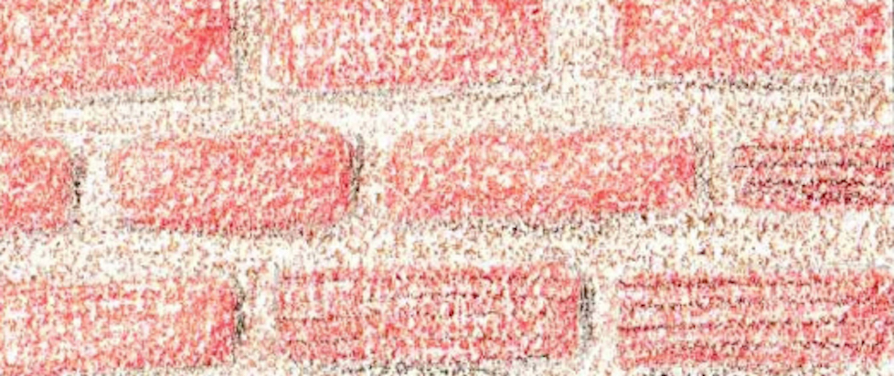 Detail of a red brick wall hand-drawn in colored pencil.