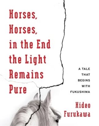 The cover for Hideo Furukawa's Horses, Horses, in the End of the Light Remains Pure. The mane of a white horse is seen from behind. Superimposed on the whole image, a large dark crack splits the a jagged vertical line.