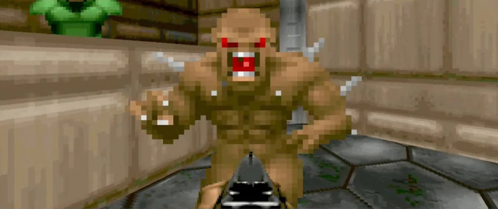 A pixelated demon with red eyes and gaping maw from the videogame DOOM.