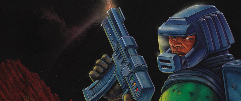 A drawing featuring the main protagonist in DOOM. A muscular soldier in a helmet holds a large gun.