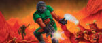 On the Doom cover art, the game's protagonist is standing on a ridge using a machine gun to fight off hellish monsters.