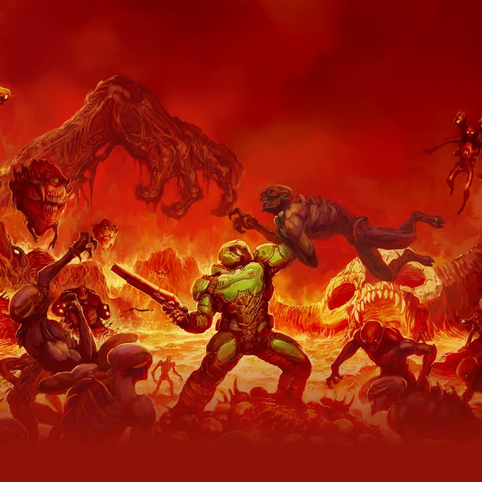 In the alternate cover art for DOOM (2016), reminiscent of the original DOOM cover art, a marine in a hellish landscape is surrounded by demons.