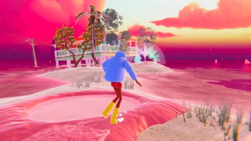 Stylized still of a man in a parka walking along a neon beach and tide pools heading towards a beach house
