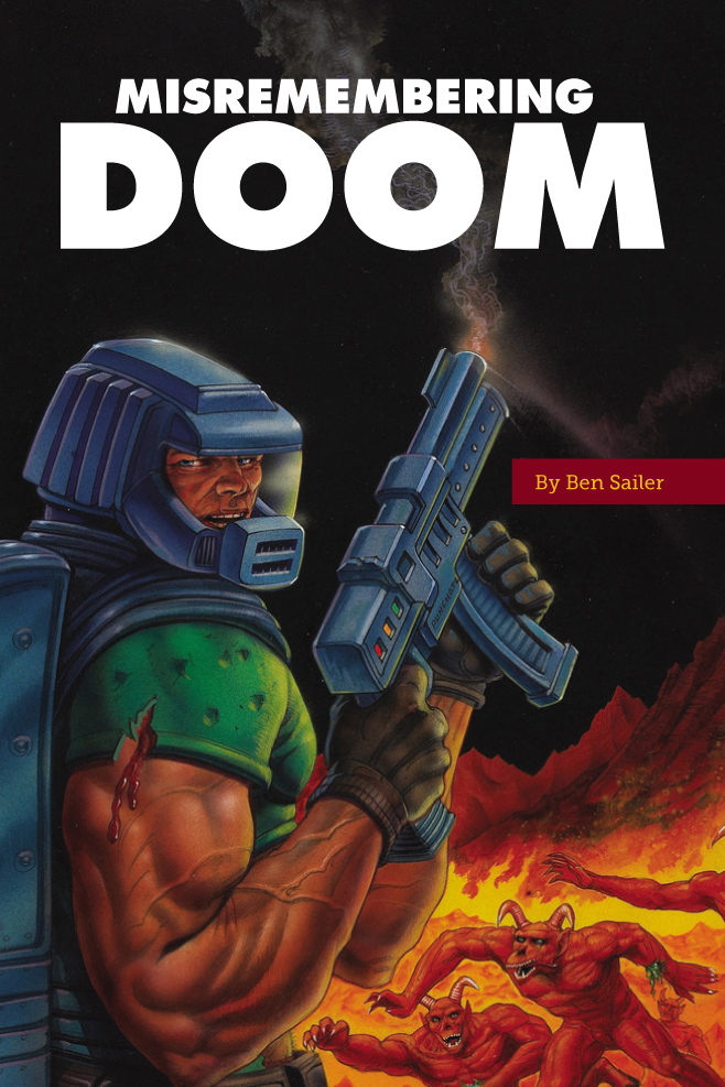 A drawing featuring the main protagonist in DOOM, a muscular soldier in a helmet holding a large gun while demonic creatures approach from the distance.