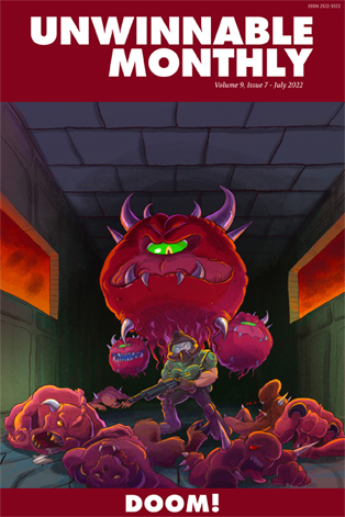 The cacodemon behind Doomguy, in a hallway full of dead demons.