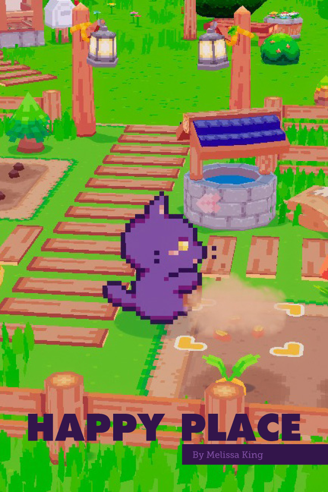 In a screenshot from the videogame Snacko, a small purple cat tends a garden of vegetables.