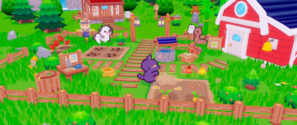In a screenshot from the videogame Snacko, a small purple cat tends to a garden of vegetables that's part of a larger farm. In the background is a stone well, a small farm house, a barn, and several farm animals like cows, goats and chickens.