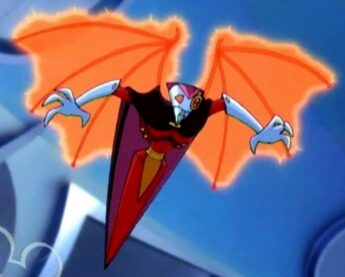 The robot NOS-4-A2 flies through the air on orange bat-like wings made of electric energy. His body's silhouette is in the shape of a sharp triangle. 