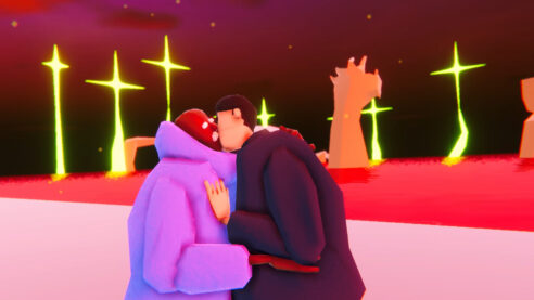 Parka man is kissing another man on the red beach while some Neon Genesis style crosses made of light loom in the background