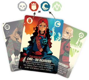 A more direct picture of one of the cards, featuring a skull, tower, wave, and mountain icon, along with a description of Mace and Braids, known as Cyra