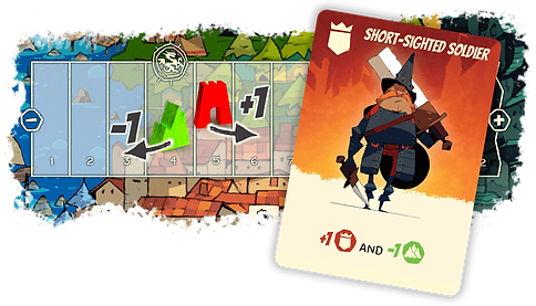A couple meeples and a card featuring a man with a broken sword and a witches hat. 