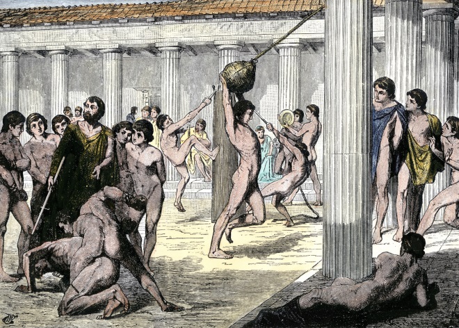 A lithograph of several naked Greeks exercising in the open courtyard of an ancient Greek gymnasium.