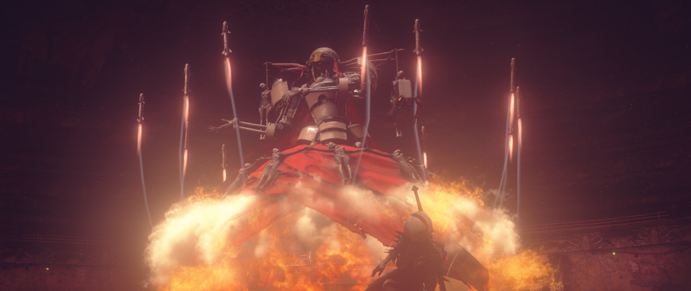 Simone from Nier: Automata Firing a bunch of rockets while watches and fire rises