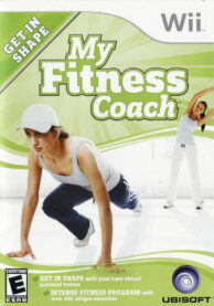 The cover of My Fitness Coach for the Wii, with one gym rat doing some mountain climbers and another in the back doing the wave
