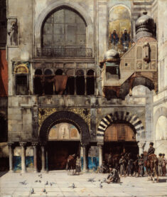 Pasini's painting of an open plaza with pigeons, citizens, and a cavalary, with arched doorways and a gold-trimmed balcony, a dark mezzanine, and large arched glass windows