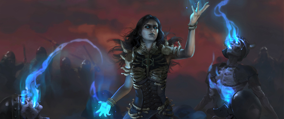 A sorceress in bone-accented armor wields blue-tinted magic with her outstretched hands, which appears to sever souls from bodies.