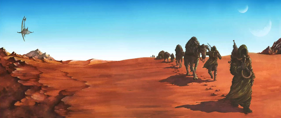 In a painting done in the style of 70s fantasy/sci-fi artwork, a group of robed nomads and their camels make their way across a desert landscape. A mysterious object floats in the distant sky.