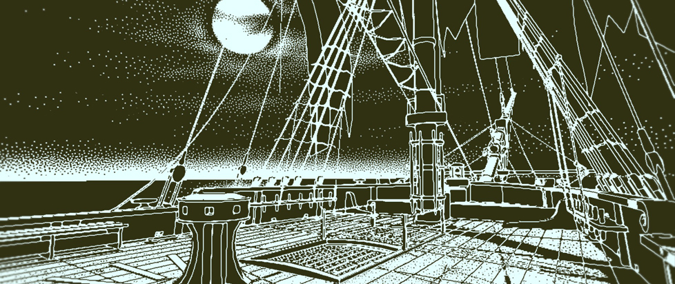Moody, two-color pixel art depicts the rigging of a ship at sea during a full moon.