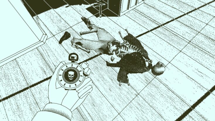 In a first-person perspective screenshot from The Return of the Obra Dinn, a gloved hand holds a death's-head stopwatch while looking down on a skeleton dressed in sailor's garb lying on the deck of a ship.